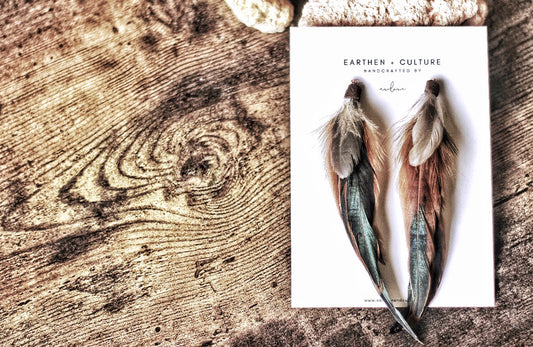 Montréal —— Tan Bronze with Emerald Silver Tone Feather Earrings.